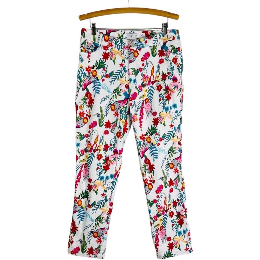 Lena Gabrielle white pink blue floral high waisted ankle straight pants 16
